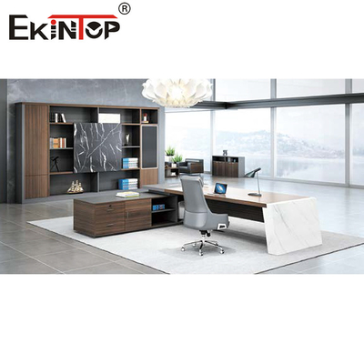 Uzatılabilir L Şekilli Modern Yönetici Masası Ofis Mobilyaları Gri Kahverengi