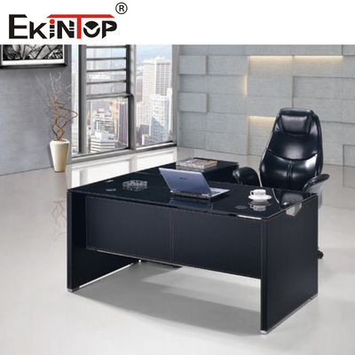 Modern Siyah Cam Bilgisayar Masası Metal Bacaklı Çekmece Özel Boyut