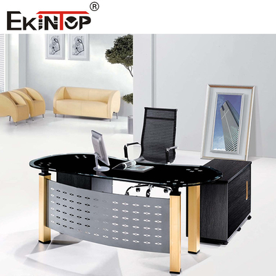 Ticari L şeklindeki Ofis Cam Masası Özel Çekmece